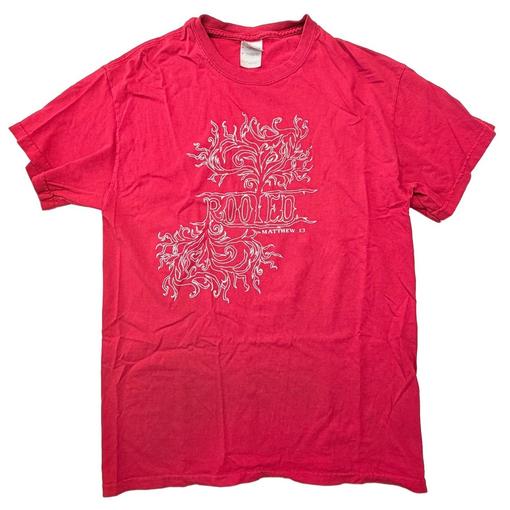 Gildan Rooted Matthew 13 Christian Jesus T-Shirt Medium Red Faith Graphic